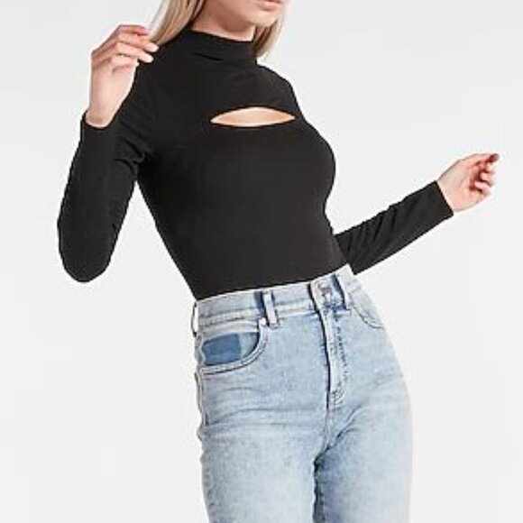Express Body Contour Cozy Mock Neck Cutout Bodysuit Black - Picture 4 of 7